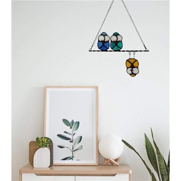 Multicolor Owl on a Wire Stained Glass Window Hanging,Bird Suncatcher for Window - Picture 6 of 8